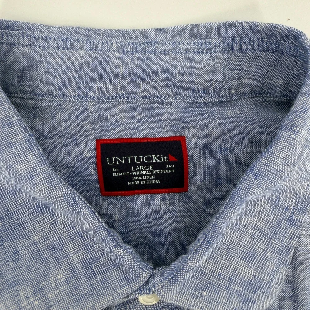 UNTUCKit Valente WR Blue Linen Slim Fit Short Sleeve Button Down Shirt Large